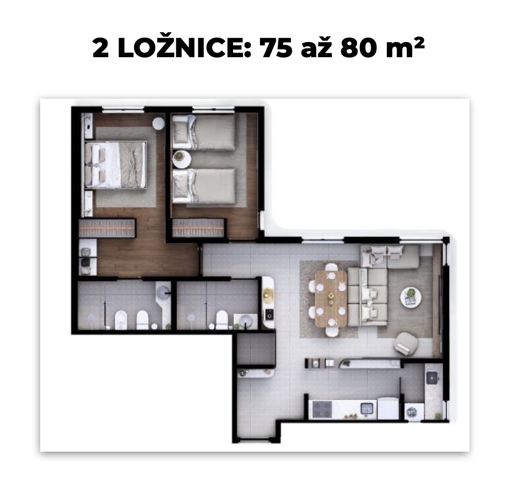 Půdorys apartmánu se dvěma ložnicemi, 75–80 m²