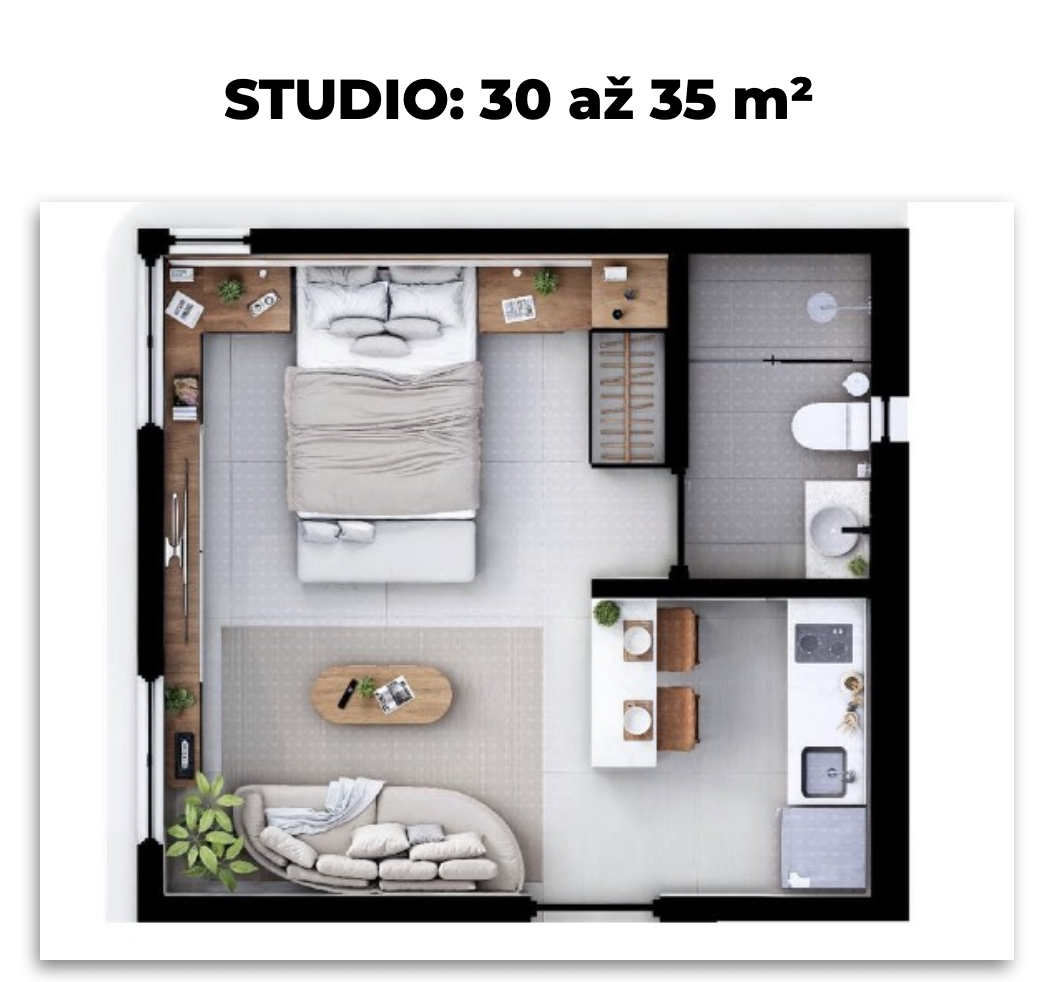 Půdorys studia 30–35 m²