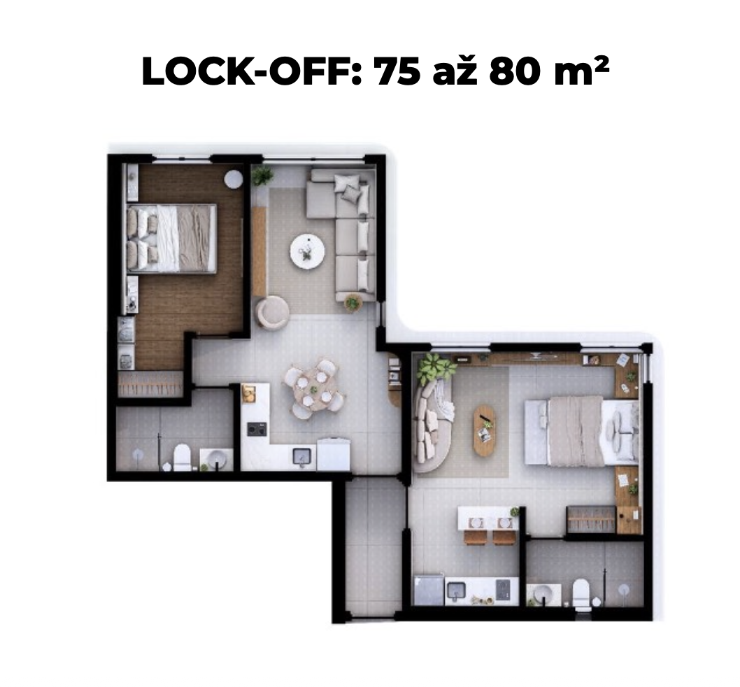 Půdorys lock-off jednotky, 75–80 m²