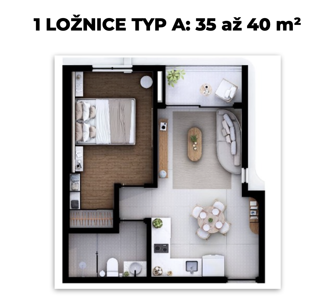 Půdorys 1 ložnice typ A, 35–40 m²