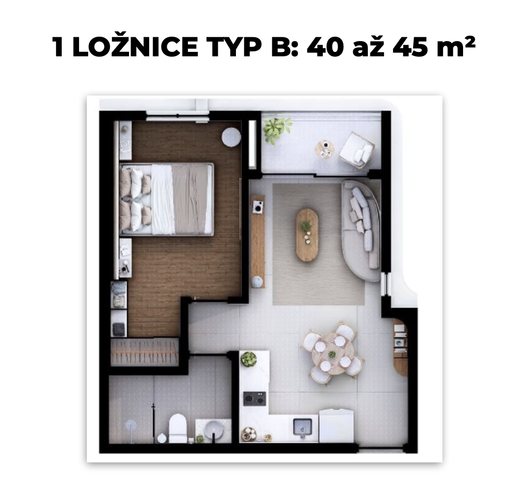 Půdorys 1 ložnice typ B, 40–45 m²